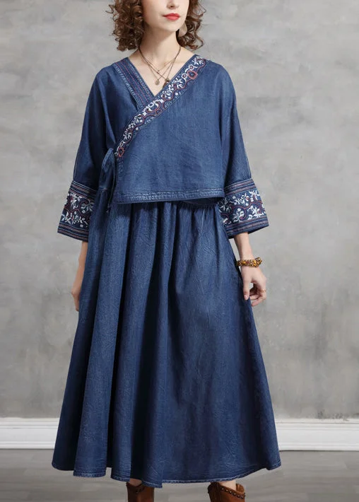 Massive Selection Sale French Blue Cinched V Neck Embroideried pocket Cotton Dresses Long Sleeve Limited - Stock