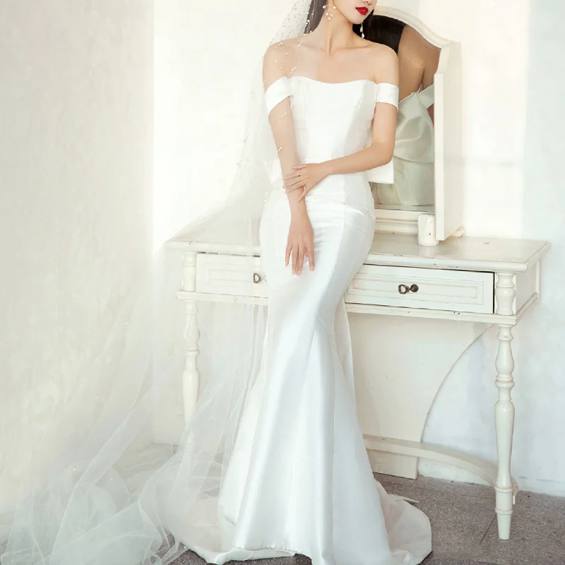 Flash Sale Now Simple Satin Mermaid Beach Wedding Dress with Off the Shoulder Refined Look