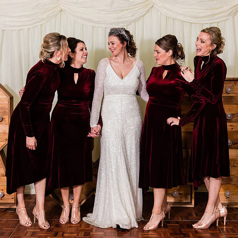 Spring Offer Elegant Burgundy Red Velvet Long Sleeves Tea-length A-line Bridesmaid Dress, BD3191 Graceful Cut