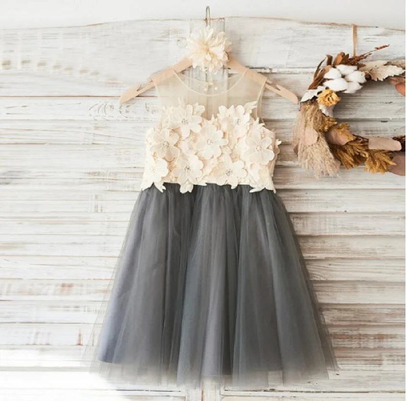 New Arrivals Top Lace Appliques Grey Tulle Sleeveless Cute Custom Flower Girl Dresses, Junior Bridesmaid Dresses, FG088 Vintage Charm