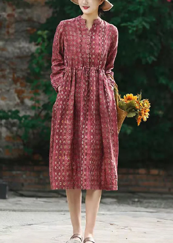 Discover Now Beautiful Red Stand Collar drawstring Print Linen Dress Long Sleeve Minimalist Office - Ready Style