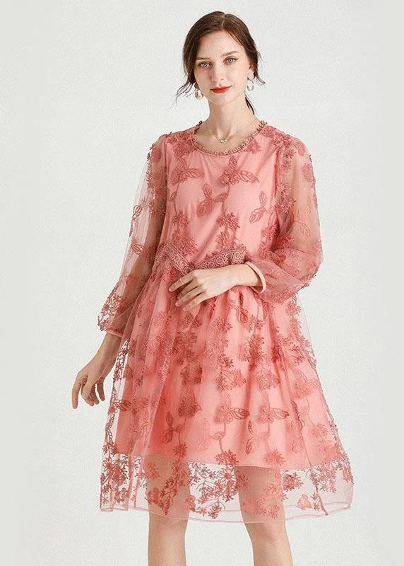 Dive Into Trendy Styles Style Pink Patchwork Embroideried Fall Lace Vacation Dress Long Sleeve Vintage Charm