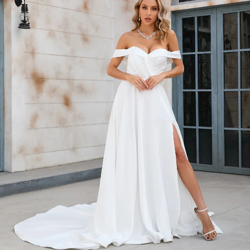 Trend Alert Off the Shoulder Pleated Bodice A-line Wedding Dress with V-Neck and Slit Elevated Style