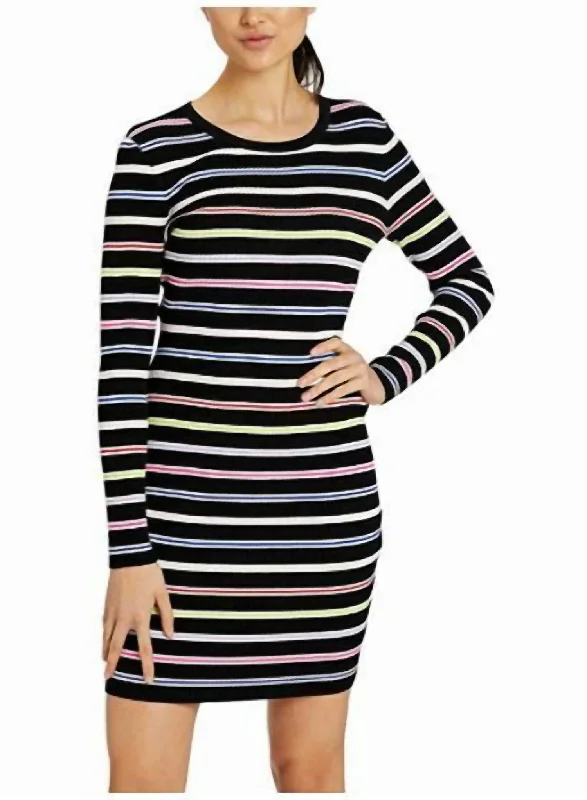 Sophisticated Style Offers Stripe Knit Stretch Bodycon Long Sleeve Mini Dress In Multi Black Summer Fashion