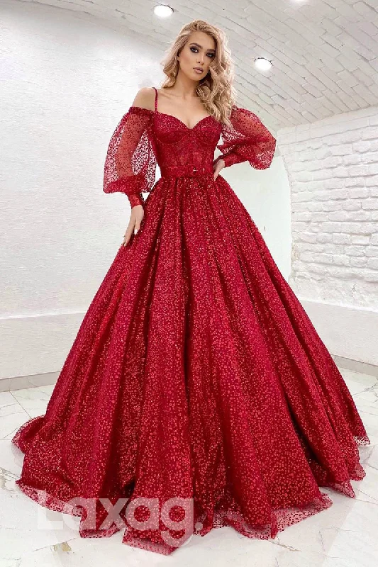 Trendy Women'S Wear Collection 19735 - Women's Spaghetti Straps Long Sleeves Burgundy Prom Dress Glitter Feminine Charm