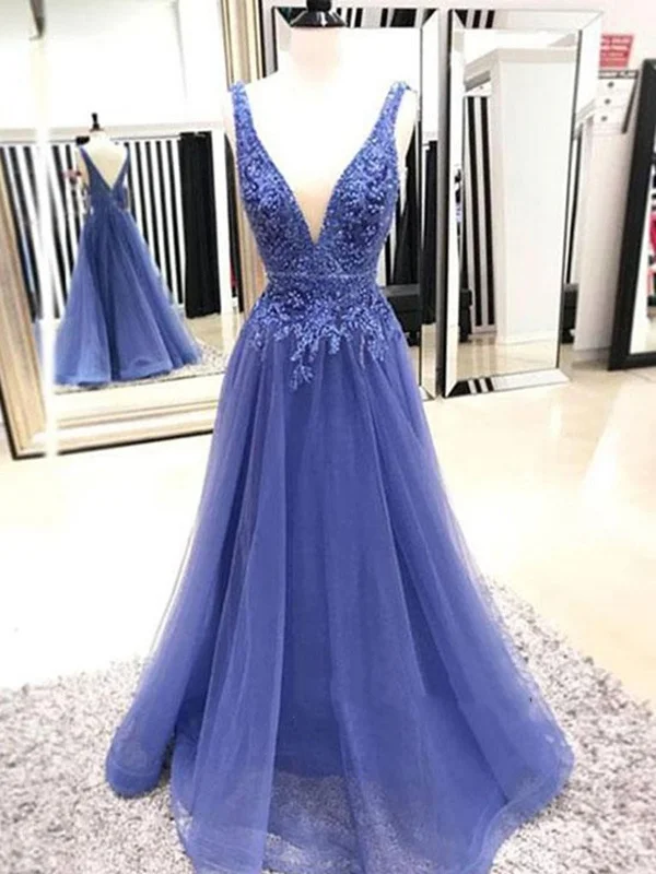 Shop Sale Items Custom Made A Line V Neck Sleeveless Prom Dress with Lace Applique, V Neck Formal Dress With Lace Applique Sleek Design