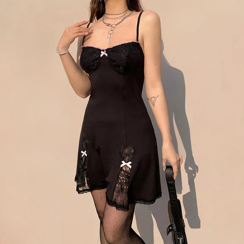 Discount Extravaganza Black Gothic Lolita Style Lace Trim Sleeveless V Neck Bow Y2K Grunge Mini A-Line Dress Elegant Details