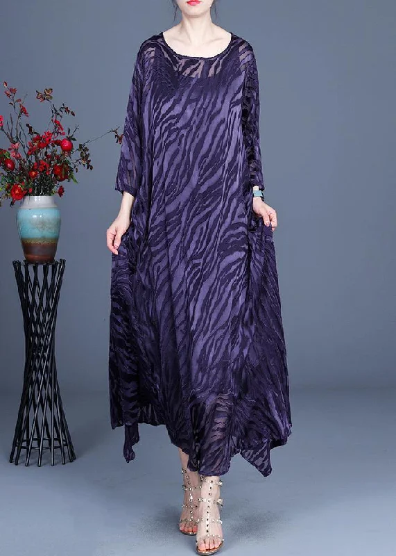 Fashion Forward Comfy Purple O-Neck Long sleeve Two Piece Set Dress Flowing Silhouette