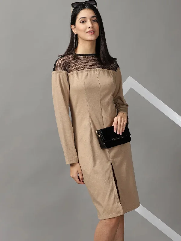 Fashion-Forward Women's Beige Solid Bodycon Dress-DQ-17-174-F-Beige Sleek Design