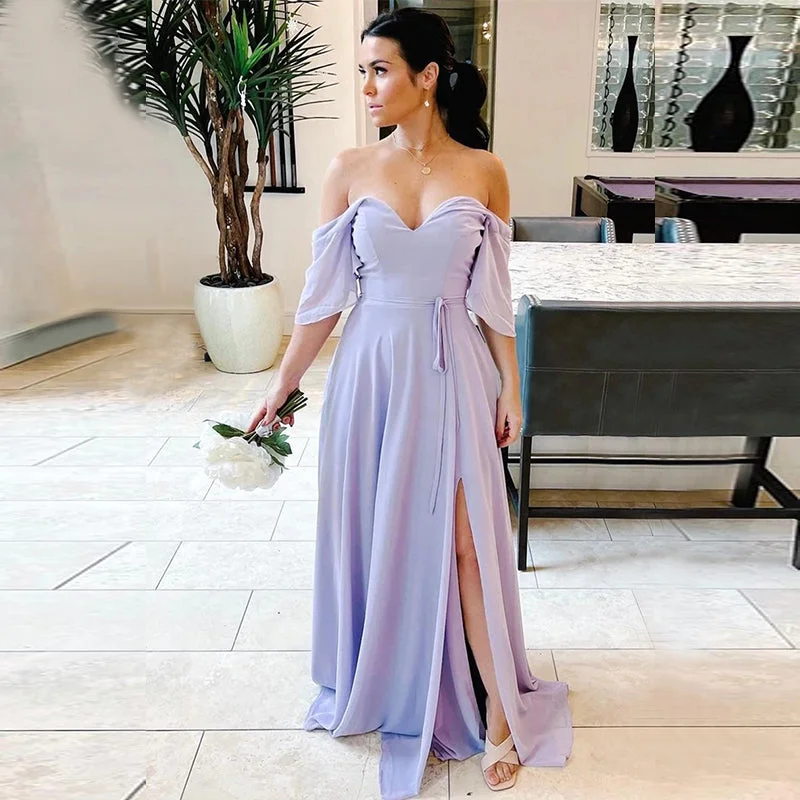 Limited Time Offer Lavender Chiffon Sweetheart Off-shoulder Cold Sleeves Side-slit A-line Long Bridesmaid Dresses, BD3283 Elegant Details