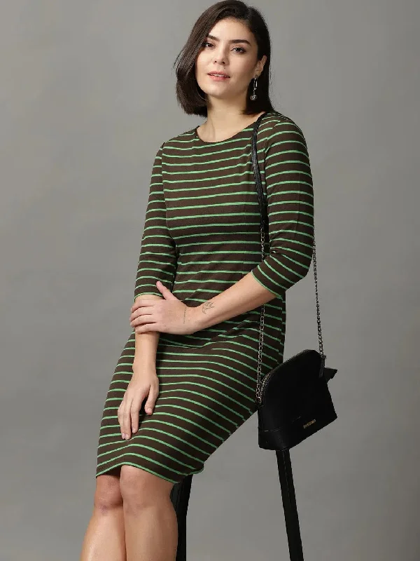 Holiday Glam Women's Coffee Brown Striped Bodycon Dress-DQ-17-163-3-Coffeebrown Effortless Comfort