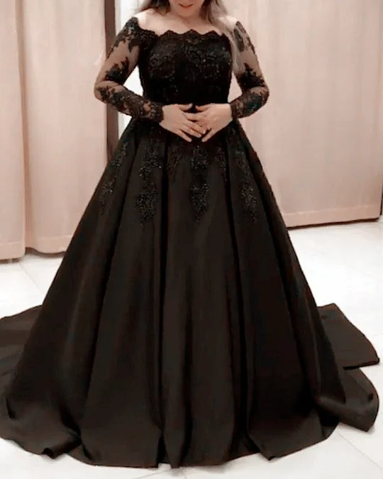 Hot Brand Discounts Black Long Sleeves Lace Prom Dresses Plus Size Satin Formal Evening Gown Polished Finish