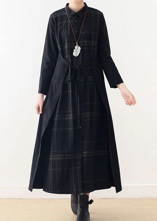 Chic & Cozy Collection Organic Black Plaid Tie Long Sleeve Holiday Dress Fall Elegant Details