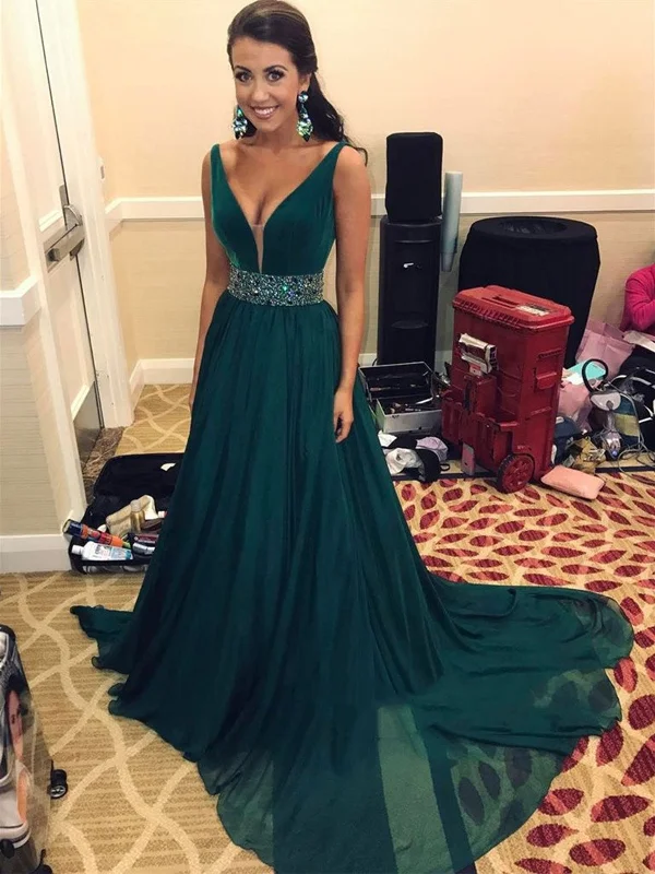 Top Brand Discounts Dark Teal V Neck Long Prom Dress with Beaded Waistband, Dark Green Sleeveless Formal Dresses Classic Appeal