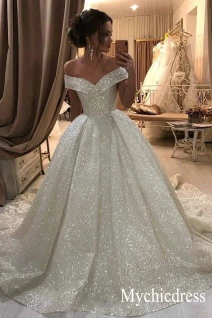 Feminine Luxe Style Sale Sparkly Bling Bling Sequins Ball Gowns Wedding Dresses Off Shoulder Subtle Sophistication