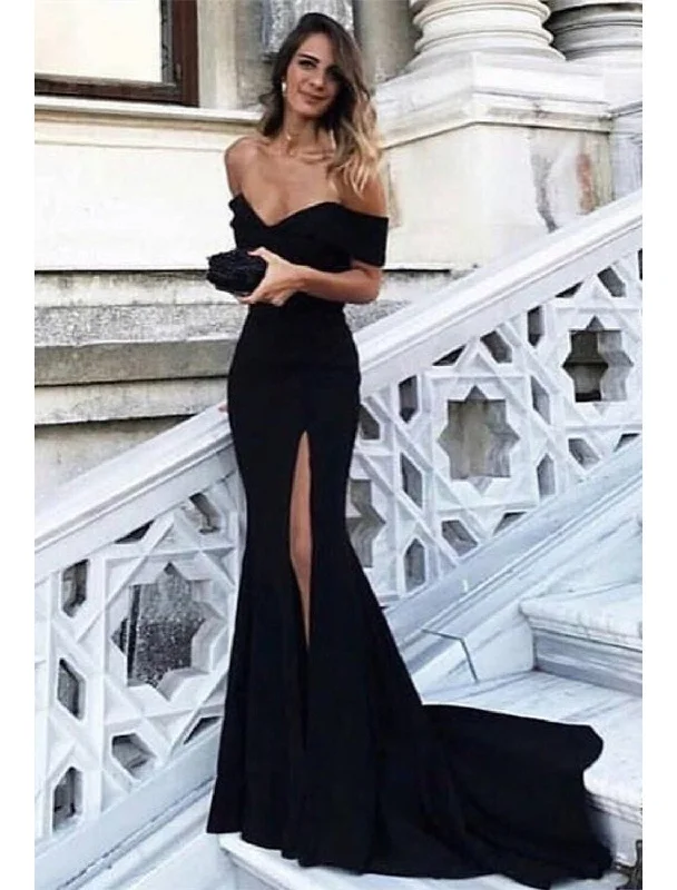 Durable Fashion Picks Sheath / Column Elegant Prom Formal Evening Dress Off Shoulder Sleeveless Court Train Spandex with Slit Romantic Date - Night Ensemble