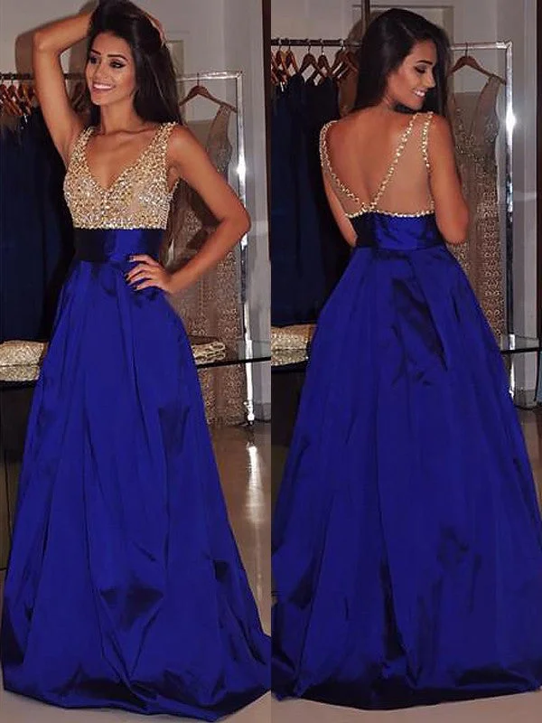 Discover Promotions A Line V Neck Sleeveless Sweep Train Royal Blue Prom Dress, Royal Blue Formal Dress Vintage Charm