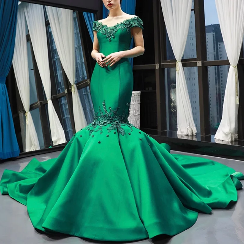 Trendy Pulse Floral Mermaid Prom Dresses Emerald Green Pageant Dress Vintage Elegance