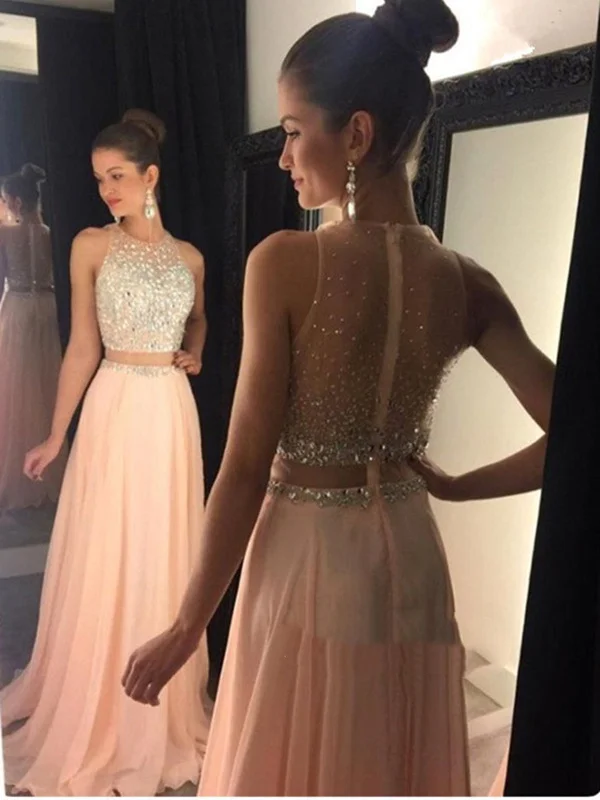 Polished Style Deals A Line Round Neck Two Pieces Sleeveless Pink Floor Length Prom Dress, Pink Long Formal Dress, Pink Evening Dress Great Deals On Ethnic Cultural Wear