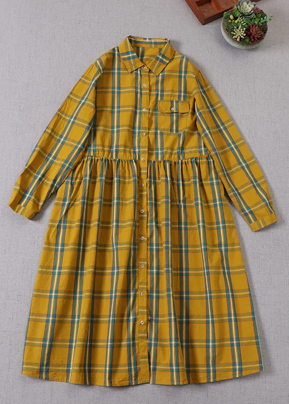 Stupidly Low Prices Boho Yellow Green Plaid Peter Pan Collar Button Cotton Holiday Dress Long Sleeve Great Deals On Ethnic Cultural Wear