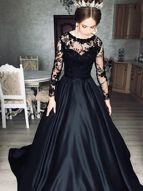 Unbeatable Prices Long Sleeves Black Wedding Dress A-Line Satin Lace Illusion Save On Classic Elegant Styles