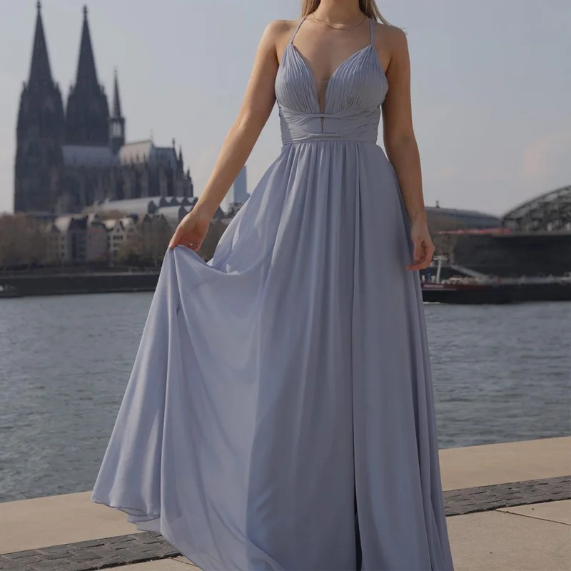 Glamorous Fashion Offers Sweetheart Dusty Blue Spaghetti Strap Lace-up Back Chiffon A-line Bridesmaid Dresses, BD3023 Dreamy Draping