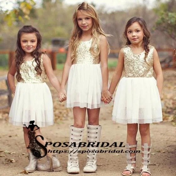 Trendy Threads Sequin Sparkly Short Round Neck Flower Girls Dresses, Popular Lovely Junior Bridesmaid Dresses, FG122 Chic Allure