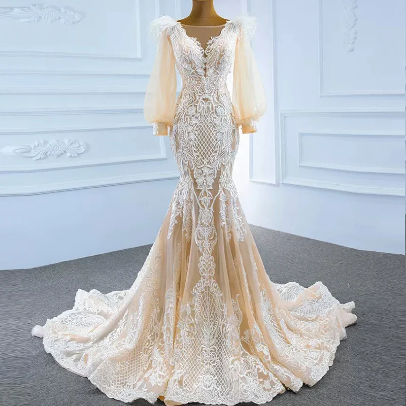 Special Offer Illustion Neck Puffy Sleeved Mermaid Wedding Dress With Feather Soft Textures