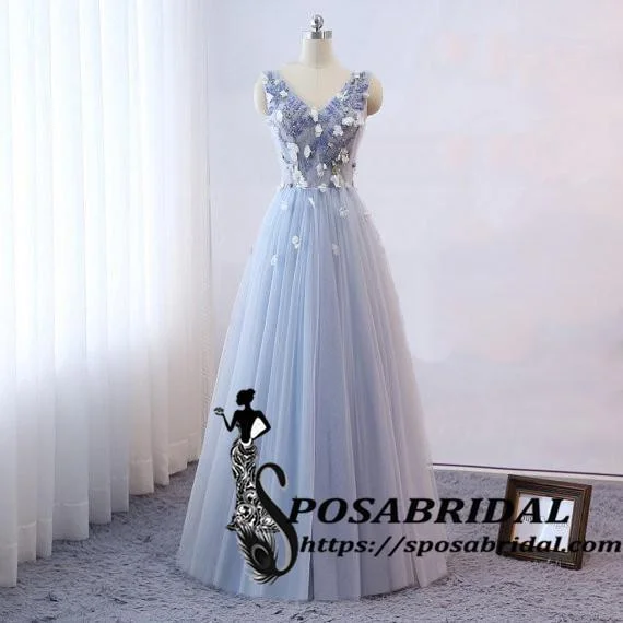 Cozy Chic Promotions Long Blue Tulle Custom Bridesmaid Dresses, V-Neck Sleeveless Prom Dresses ,WG323 Today Only