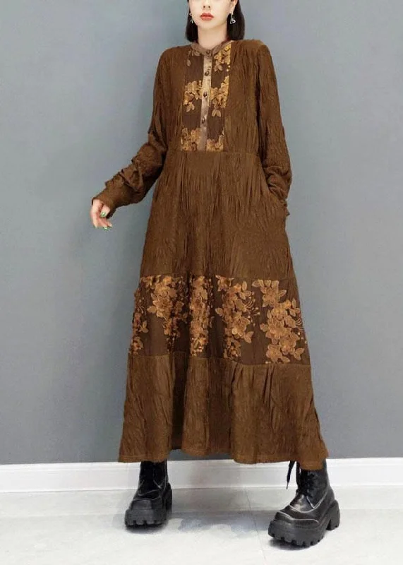 Unleash Your Trend Driven Style Fashion Brown O-Neck Button Embroideried Ankle Dress Fall Long Sleeve Contemporary Chic