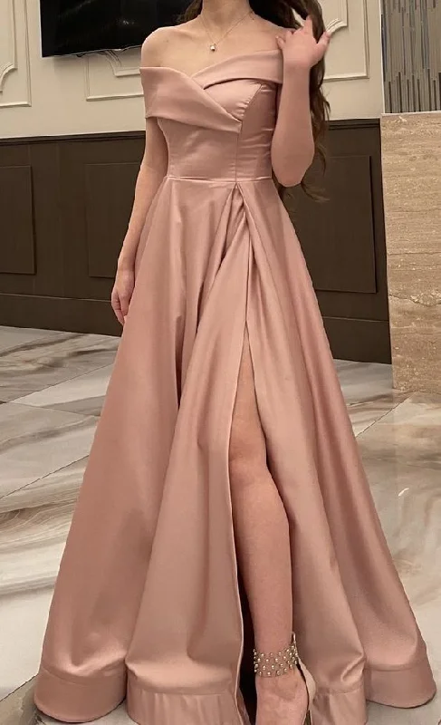 New Arrivals Off The Shoulder Satin Long Prom Dress,Simple Graduation Dress Y1936 Contemporary Chic