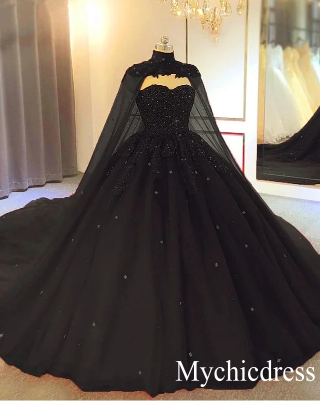 Elevated Casual Discounts 2025 Ball Gown Appliques Crystals Gothic Black Wedding Dresses Sleeveless with Cape Feminine Allure