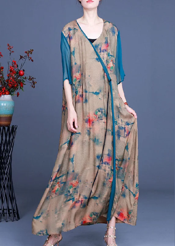 The Latest Fashion Trends Vintage Apricot V Neck Print asymmetrical design Fall Holiday Dress Long sleeve Seasonal Trend