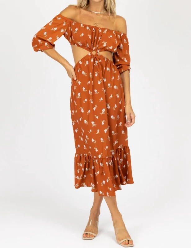 Holiday Attire Sale Floral O-Ring Midi Dress In Rust Charming Silhouette