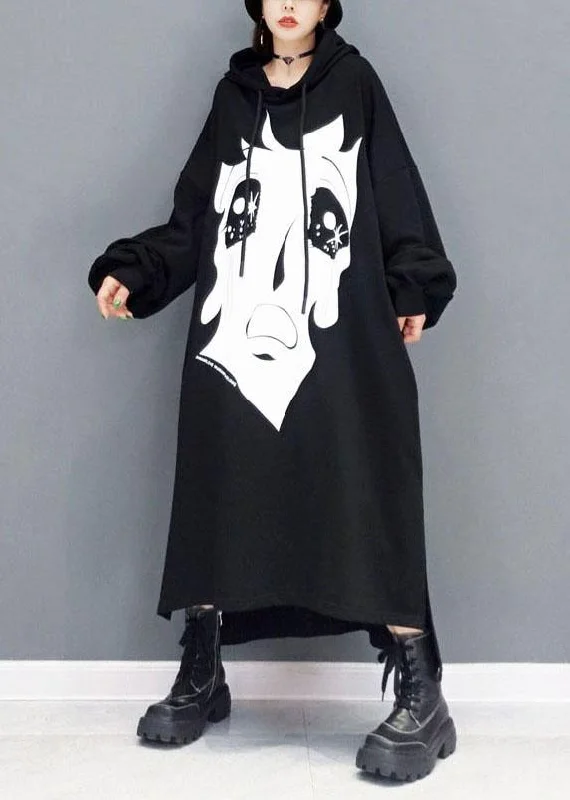 Stay Ahead In Style Boutique Black hooded Print Side Open Long Dress Fall Long Sleeve Luxury Style