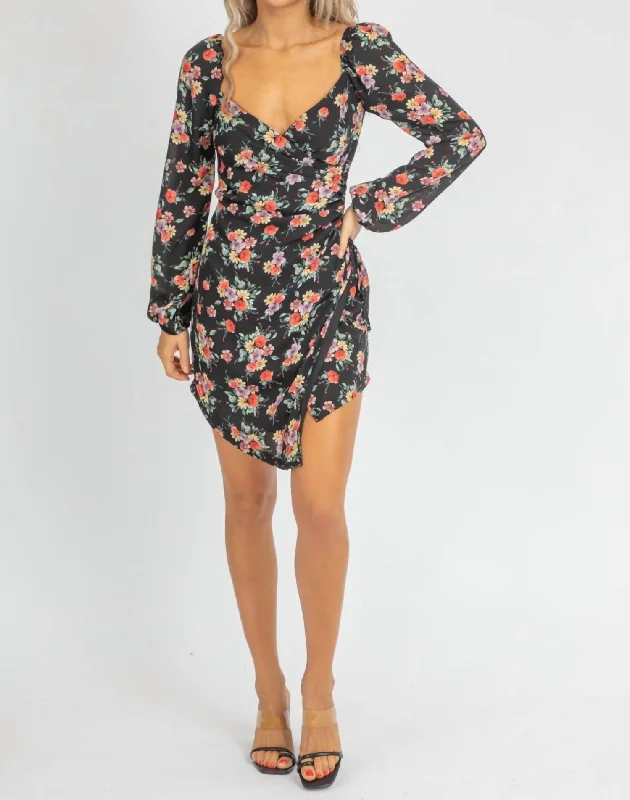 Absurdly Cheap Sale Floral Envelope Mini Dress In Black Dreamy Draping