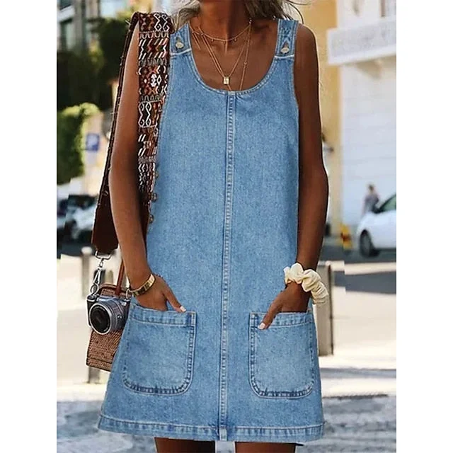 Fashion Sale CityHottie - Women's Casual Dress Shift Dress Denim Overall Pinafore Dress Mini Dress Denim Fashion Modern Outdoor Daily Vacation U Neck Pocket Sleeveless Summer Spring 2024 Regular Fit Black Blue Gray Plain S M Flowy Fabric