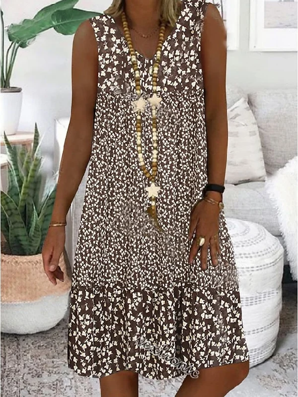 Spring Fashion CityHottie - Women's Casual Dress Shift Dress Midi Dress Brown Sleeveless Floral Print Spring Summer V Neck Basic Daily Weekend 2024 S M L XL XXL 3XL Vintage Charm