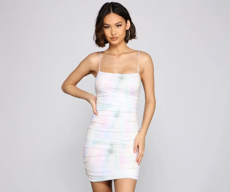 Massive Savings Retro Glam Tie Charming Dye Ruched Mini Dress Flowing Silhouette