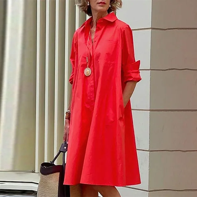 Relaxed Style CityHottie - Women's Shirt Dress Casual Dress Shift Dress Midi Dress Outdoor Winter Dress Daily Polyester Elegant Casual Shirt Collar Pocket Rolled Cuff Long Sleeve Summer Winter Fall Spring 2024 Loose Fit Red Artful Design