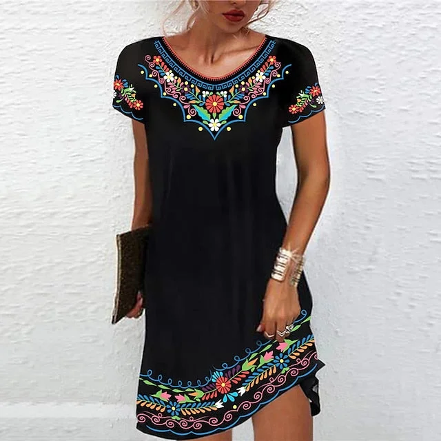 Casual Chic Deals CityHottie - Women's Casual Dress Ethnic Dress Shift Dress Mini Dress Black White Light Green Short Sleeve Floral Print Spring Summer Crew Neck Basic Daily Vacation Loose Fit 2024 S M L XL XXL Luxe Layering