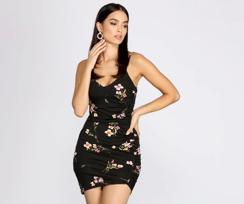 Trendy Pulse Can't Forget Me Floral Graceful Side Ruched Mini Dress Effortless Comfort