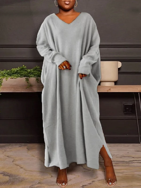 Save Big CityHottie - Women's Plus Size Casual Dress Solid Color V Neck Long Sleeve Winter Fall Basic Casual Maxi long Dress Daily Vacation Dress Exquisite Craftsmanship