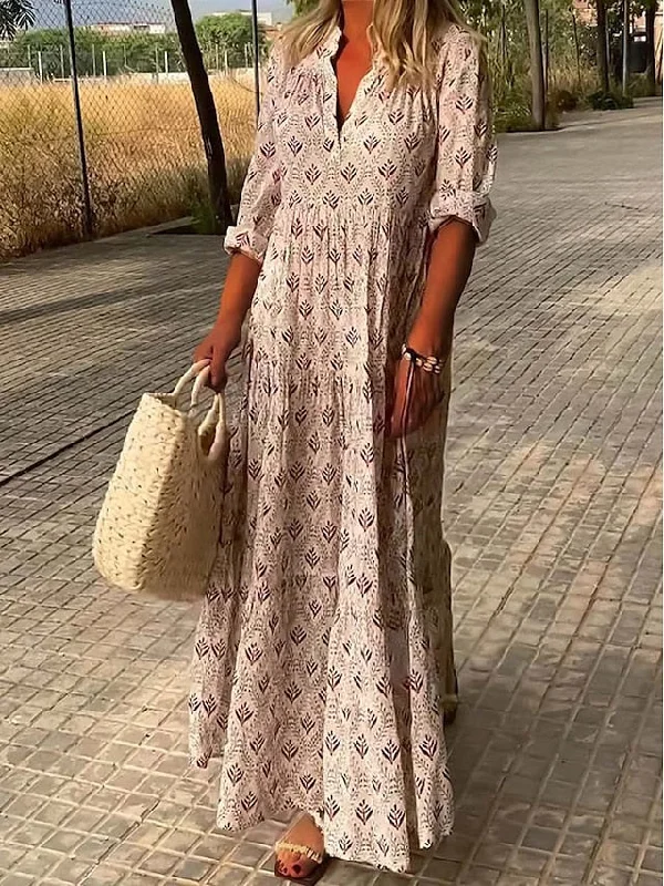 Sophisticated Fashion CityHottie - Women's Long Dress Maxi Dress Casual Dress Summer Dress Print Dress Geometric Fashion Streetwear Outdoor Date Vacation Print 3/4 Length Sleeve V Neck Dress Regular Fit Pink Blue Green Summer Spring S Soft Textures