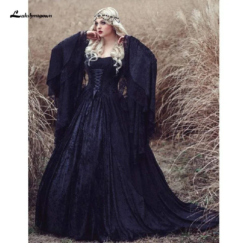 Romantic Fashion Discounts Roycebridal Gothic Black Wedding Dress Fairy Long Sleeve Vintage Effortless Comfort