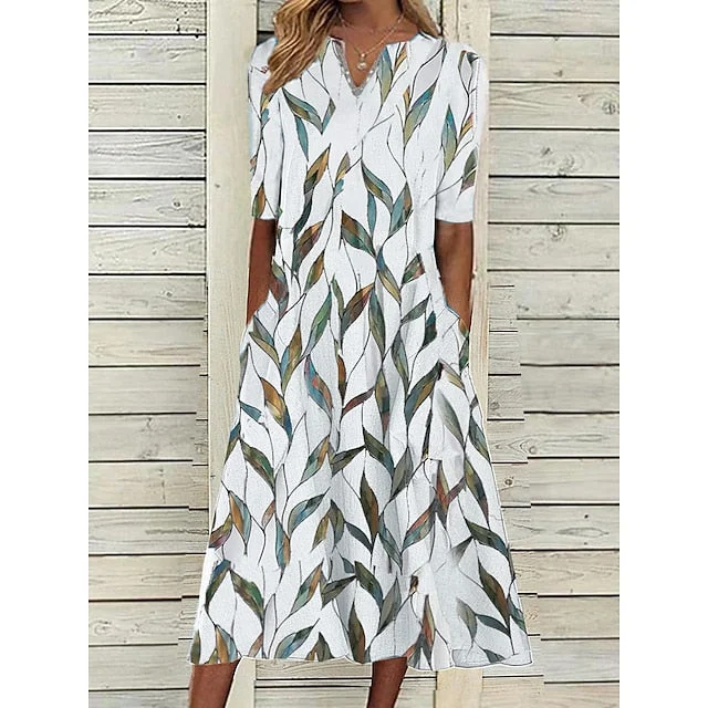 Stylish Looks CityHottie - Women's Casual Dress Shift Dress Midi Dress White Blue Half Sleeve Leaf Print Summer Spring V Neck Classic Vacation 2024 S M L XL XXL 3XL Feminine Elegant