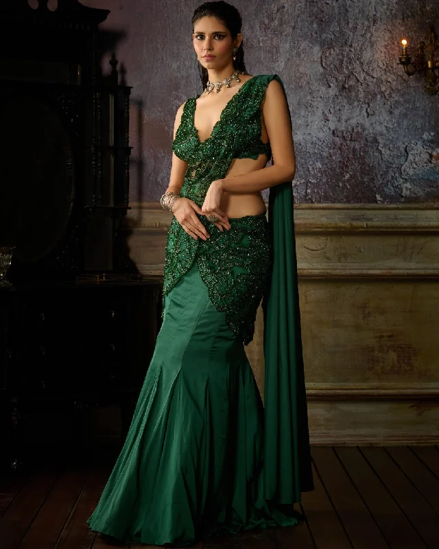 Playful Fashion Offers Bottle Green Embroidered Mermaid Sari Set Parisian Effortless Chic Style