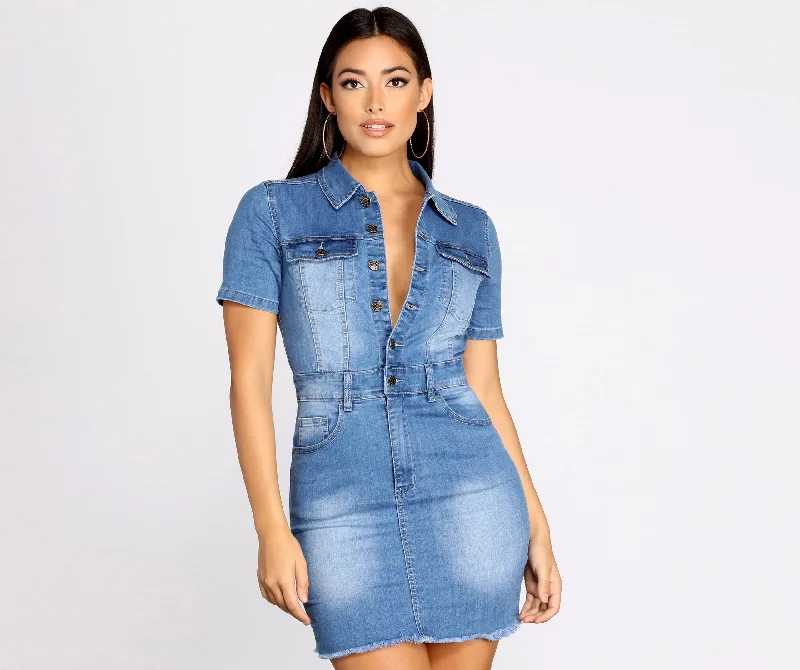 Chic And Trendy Button Up In Charming Denim Frayed Dress Luxury Comfort