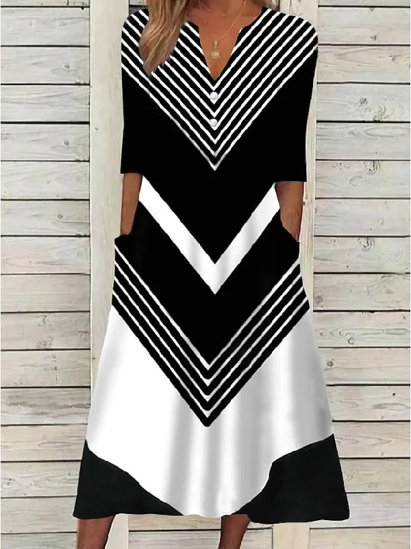 Affordable Trendy Fashion CityHottie - Women's Casual Dress Shift Dress Midi Dress Black and white stripes Green Dark Blue Half Sleeve Color Block Button Summer Spring V Neck Basic Vacation 2024 S M L XL XXL 3XL Feminine Grace