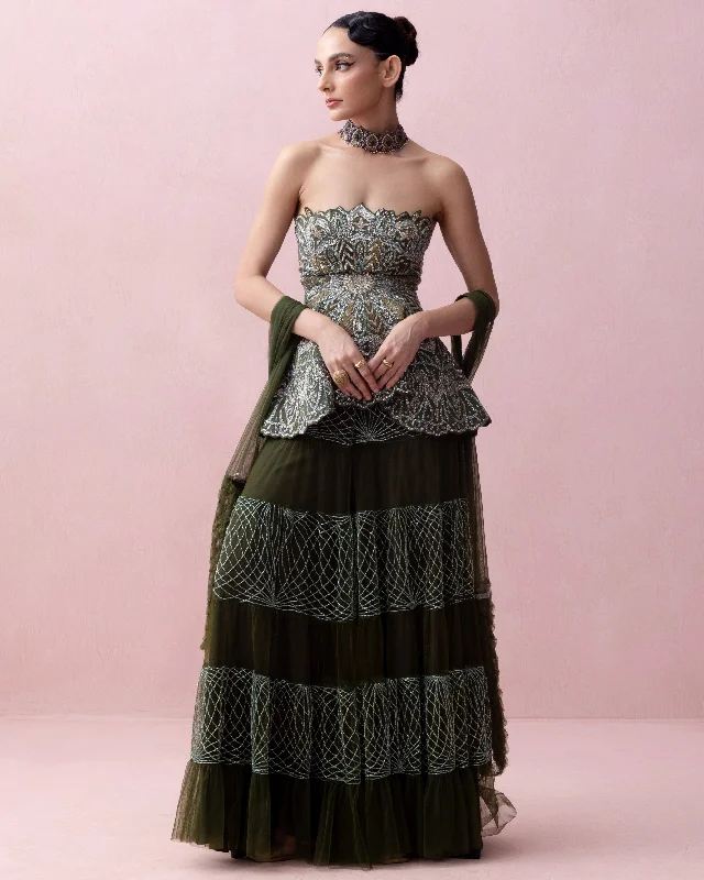 Discover Promotions Forest Green Threadwork Peplum with Tulle Sharara and Smocked Stole Ethnic Cultural Event Wear